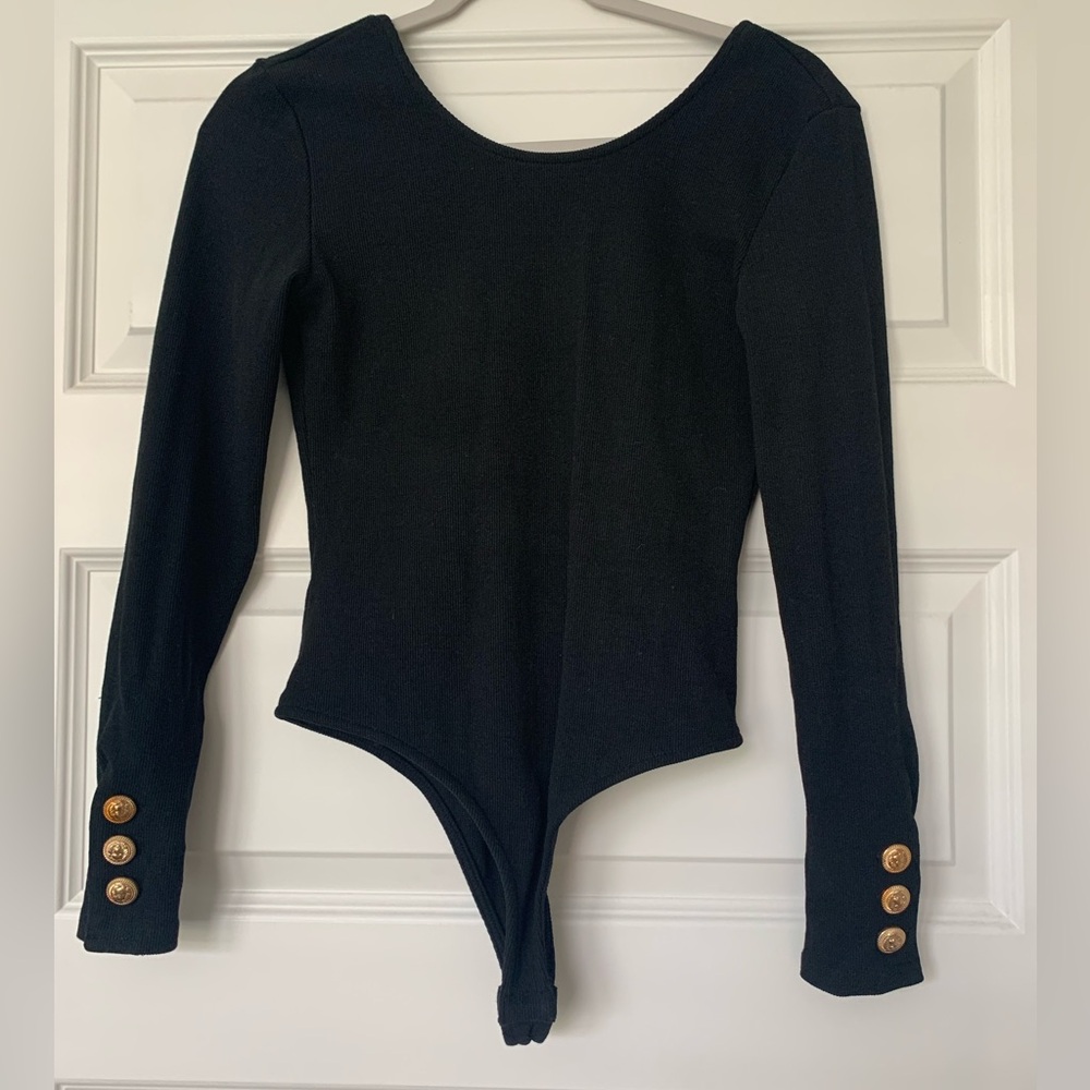 Black Long Sleeve Bodysuit with Gold Buttons